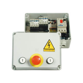 PIC 333 E-Coffret de commande avec 2 boutons poussoirs,1 arrêt d'urgence et disjoncteur 1,6/2,5A pour 1 moteur triphasé ou monophasé avec fins de course