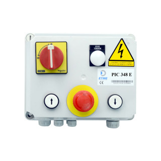 PIC 348 E-Coffret de commande avec 2 boutons poussoirs,arrêt d'urgence,sectionneur rotatif,voyant de mise sous tension et disjoncteur 1,6/2,5A pour 1 moteur avec fins de course
