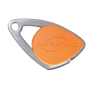 Badge électronique Mifare avec insert inox gravé - coloris orange