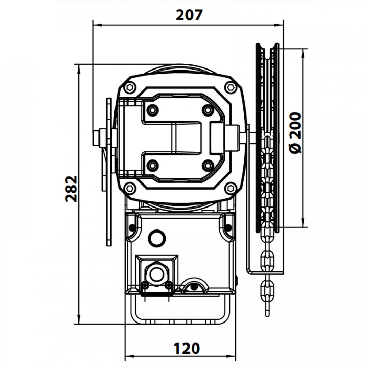 RTAM3C 45 KE 14TRS+3M-Motoréducteur de rideau 450Nm, axe 40, secours par treuil à chaîne, avec câble 3m