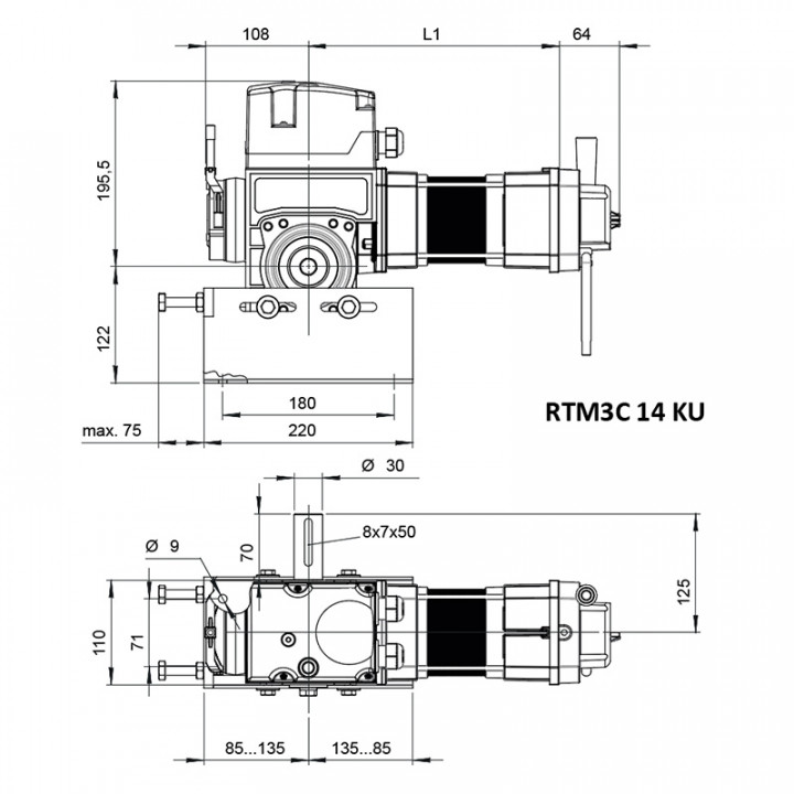 RTM3C 14 KU 24TRS+3M-Motoréducteur de rideau 140Nm, arbre 30 pour transmission par chaîne, secours par manivelle, avec câble 3m