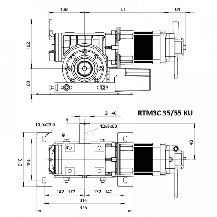 RTM3C 35 KU 23TRS+3M-Motoréducteur de rideau 350Nm, arbre 40 pour transmission par chaîne, secours par manivelle, avec câble 3m