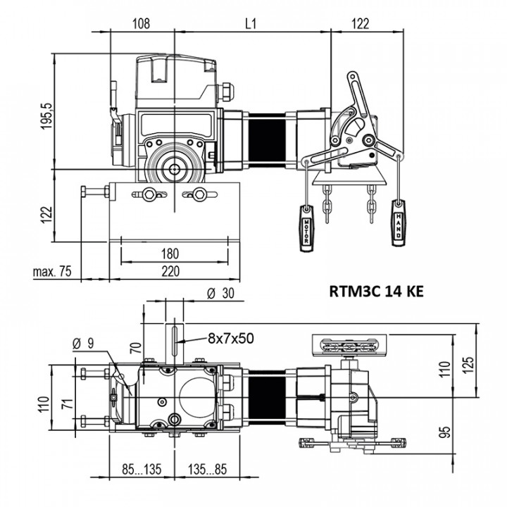 RTM3C 14 KE 24TRS+3M-Motoréducteur de rideau 140Nm, arbre 30 pour transmission par chaîne, secours par treuil, avec câble 3m
