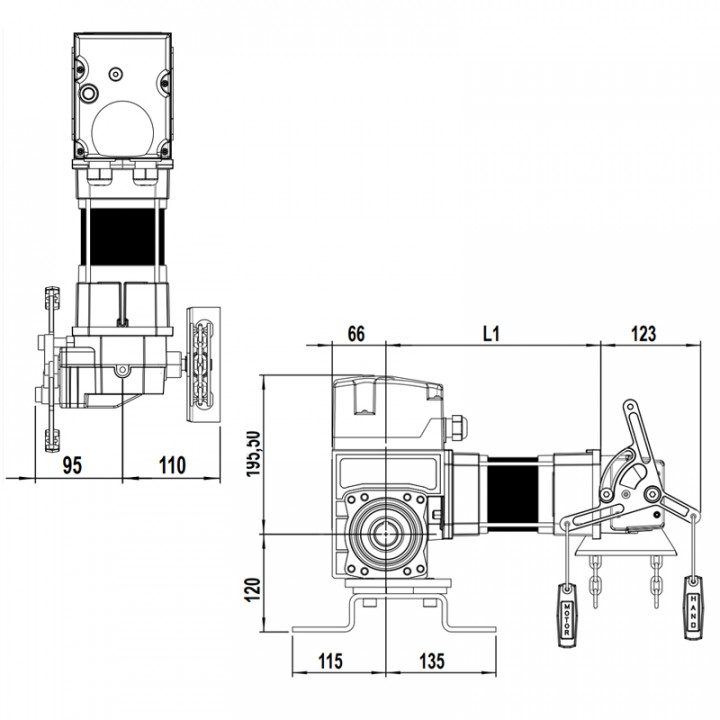 RTAM3C 14KE 18TRS+3M-Motoréducteur de rideau 140Nm, axe 30, secours par treuil à chaîne, avec câble 3m