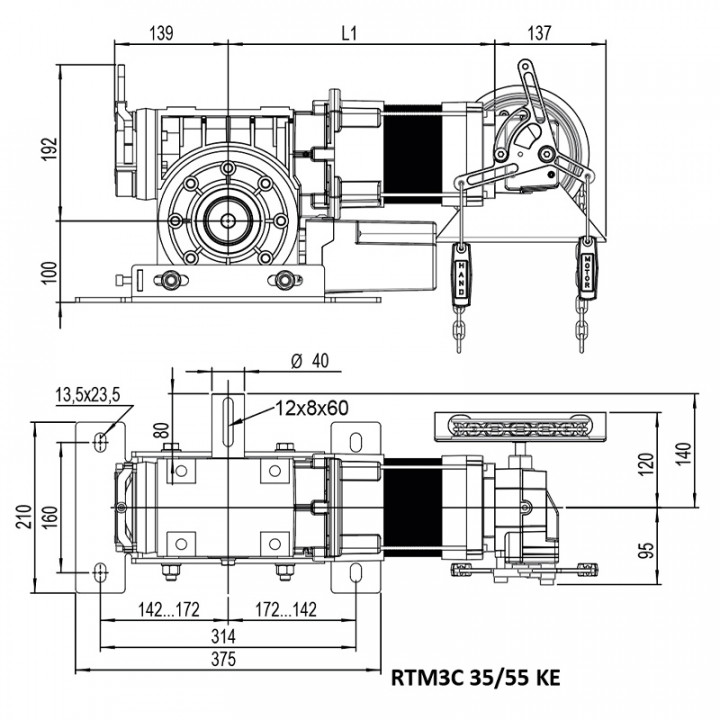 RTM3C 55 KE 23TRS+3M-Motoréducteur de rideau 550Nm, arbre 40 pour transmission par chaîne, secours par treuil, avec câble 3m