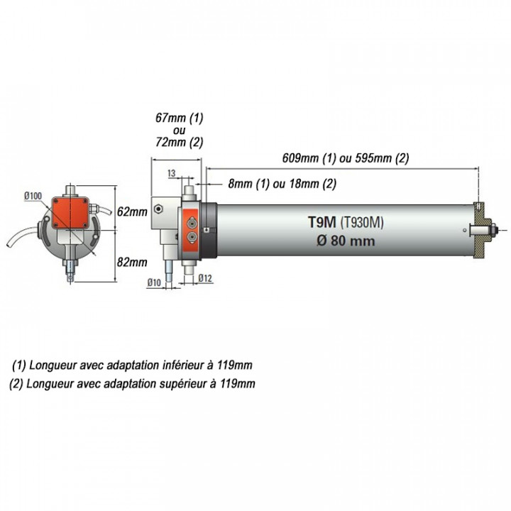 T930M-Moteur tubulaire T9M 300Nm Ø 80, base Ø 94, triphasé 400/230V pour grille et rideaux, avec fin de course de sécurité et manœuvre de dépannage intégrée