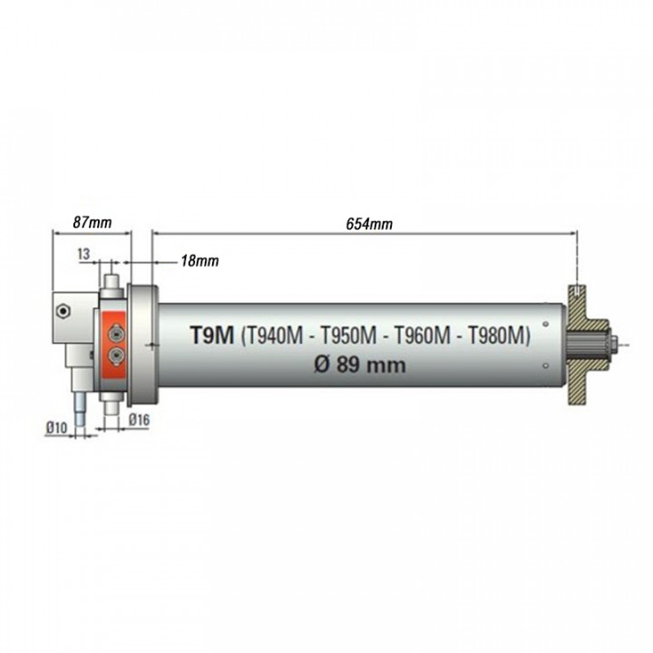 T960M-Moteur tubulaire T9M 600Nm Ø 89, base Ø 124, triphasé 400/230V pour grille et rideaux, avec fin de course de sécurité et manœuvre de dépannage intégrée