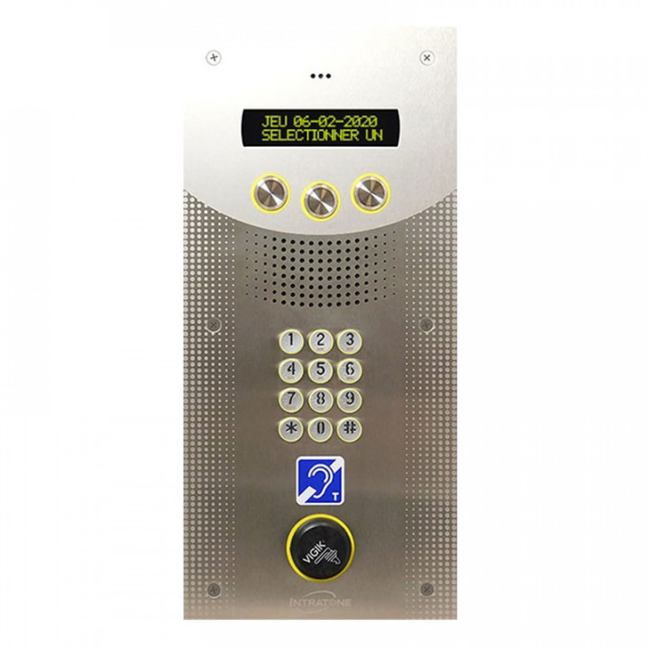 Interphone Vidéo PMR avec clavier codé 12 touches braille et lecteur de proximité Vigik®+1 centrale Vigik® 2 portes+1 module 4G-gestion à distance et mises en relation vidéo 15 ans-encastrée-inox