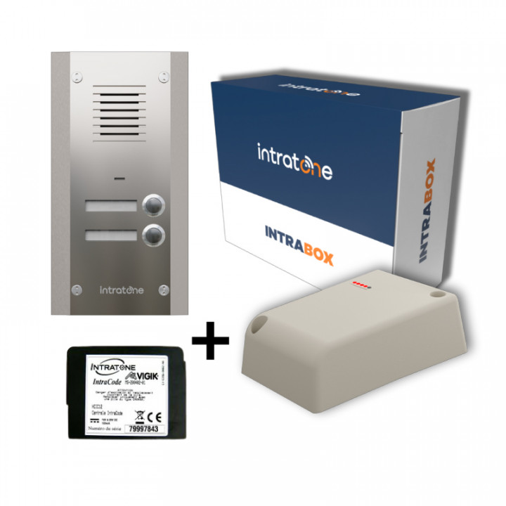 Intrabox Audio Appel Gardien 2 boutons d'appel+1 centrale Vigik® 1 porte+1 module 4G-inclus gestion à distance et mises en relation audio 15 ans-Pré-équipé vidéo-pose en encastrement-inox