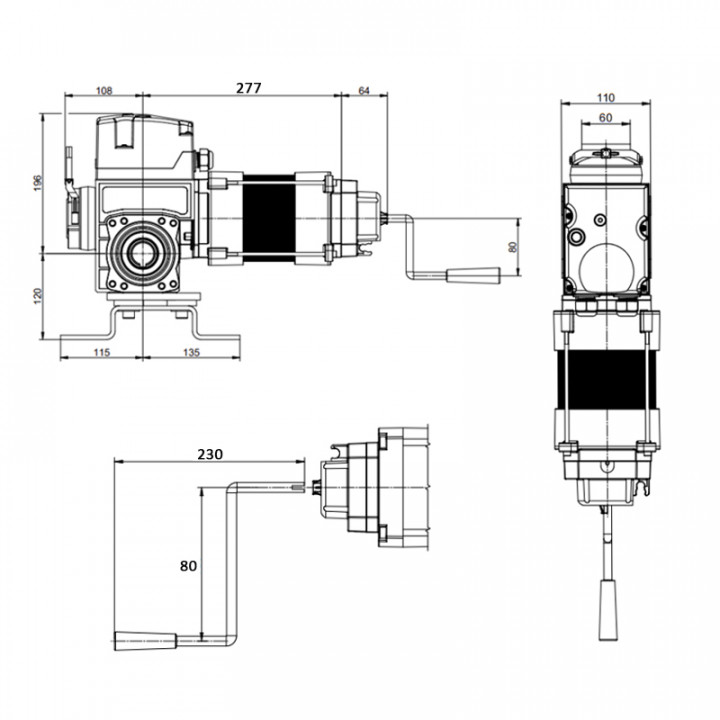 VTAM3C 85-94 KU-Motoréducteur pour porte rapide 85Nm, 94trs/min, axe 30mm, secours par manivelle ave câble 3m