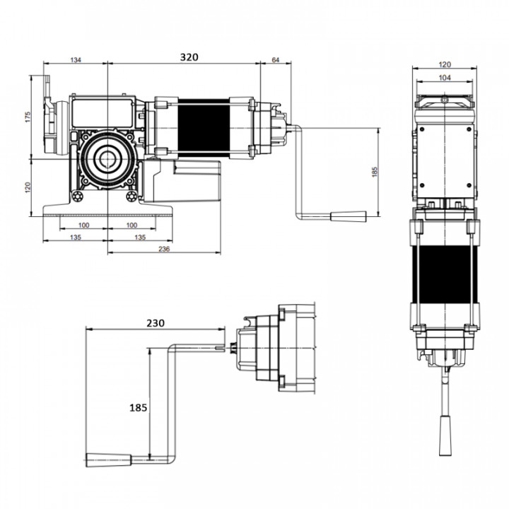 VTAM3C 155-70 KU-Motoréducteur pour porte rapide 155Nm, 70trs/min, axe 40mm, secours par manivelle ave câble 3m