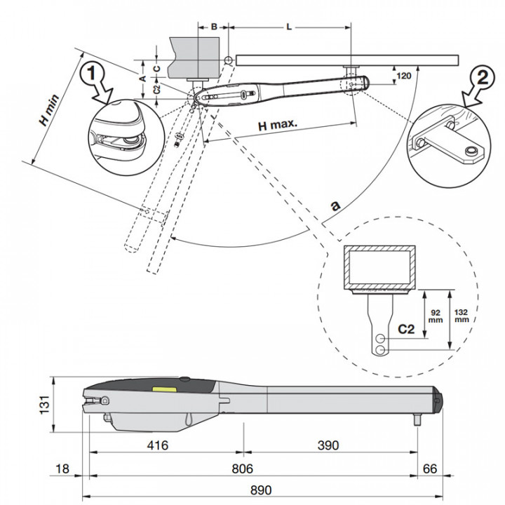 KT-BLEGOS Kit 2 vérins autobloquants 24V pour vantail de 2,5m ou 200kgs maximum, avec électronique de commande, récepteur, 2 émetteurs S504 4 canaux, cellule et feu icon
