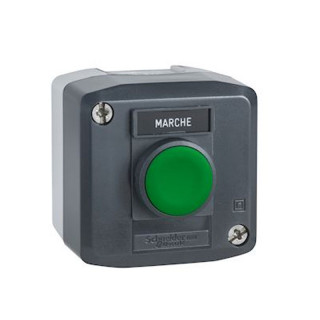 Boite fixe avec 1 bouton vert émetteur pour système radio sans pile
