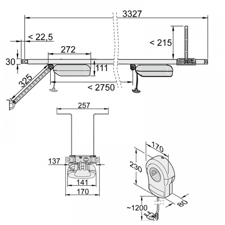 S9110 PRO+ Motorisation de 1100N pour porte de garage ,avec rail en 3 parties course de 2750mm et 2 émetteurs PEARL VIBE