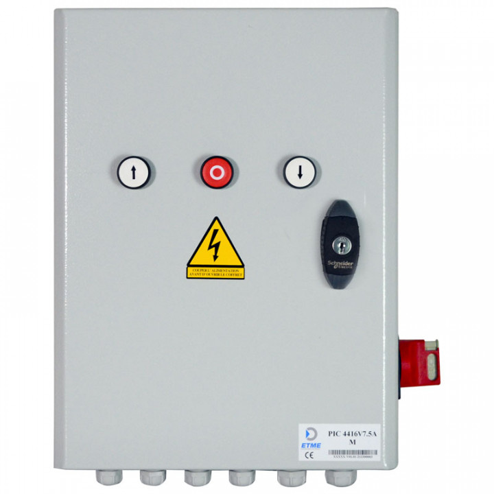 PIC 4416V4 MHR-Electronique de commande avec variation de fréquence pour moteur triphasé 230V-4,2A en armoire métalique avec 2 BP,1 arrêt et 1 sectionneur