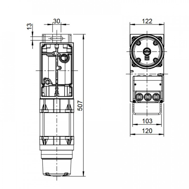 MDF 30-42-12 KE AWG-Motoréducteur de rideau 420Nm, axe 30, avec codeur, secours par manivelle, sans câble