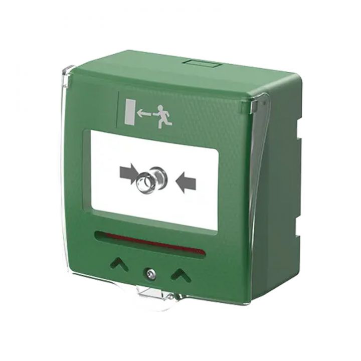 SHOKV2 - déclencheur manuel vert 2 contacts (2xNO/NC), réarmable en façade et en dessous du boitier, avec capot cadenassable, et