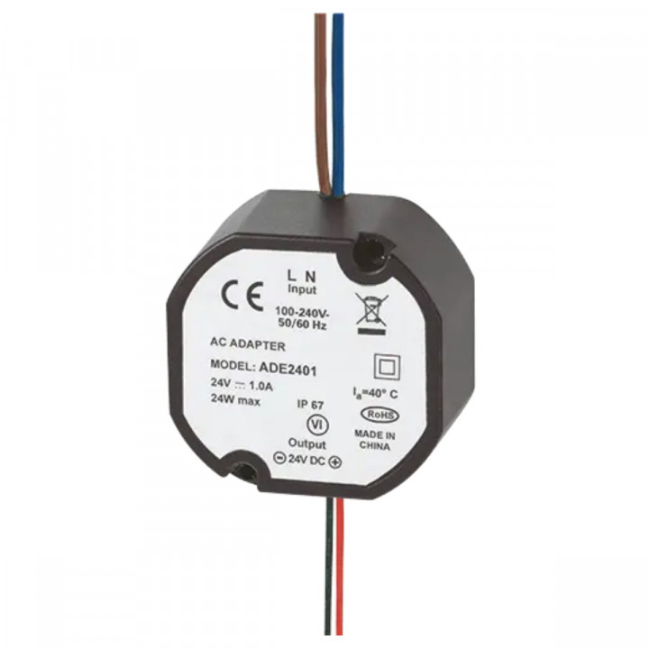 ADE2401-Alimentation ronde 24VDC 1A encastrable dans une boîte de dérivation (80 x 80 x 45 mm) ou pose en applique -sortie fils