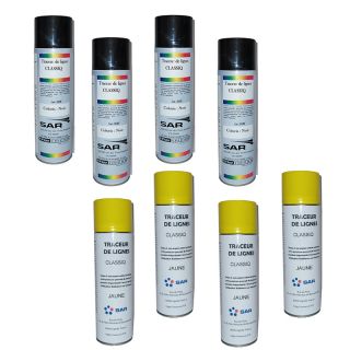 Pack Aérosols 4 jaunes et 4 noirs de 500ml - peinture solvantée