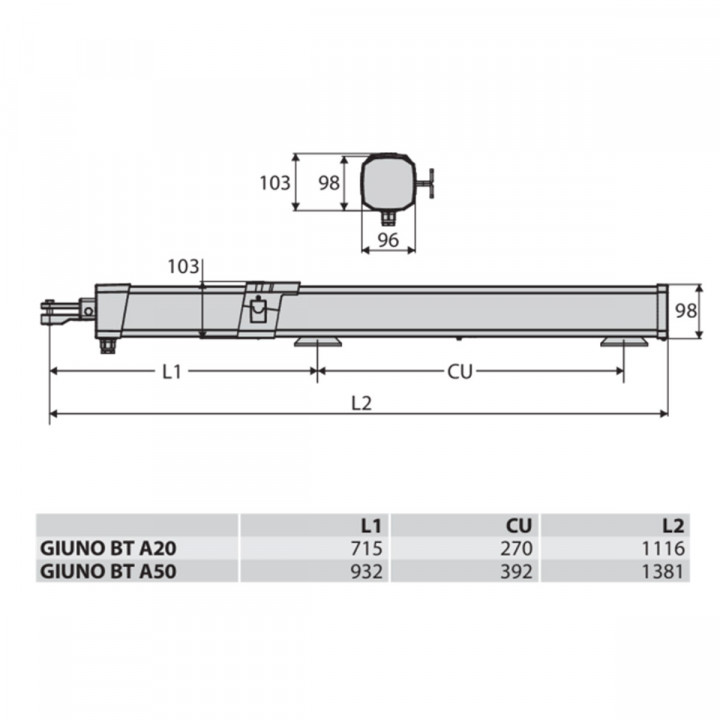 KIT GIUNO ULTRA BT A50 24V-pour portail battant max 800kg et 2 m de longueur. Composé de: 2 moteurs,1 armoire de commande THALIA BTA 160, 1 paire de photocellules THEA, 2 émetteurs MITTO COOL 4