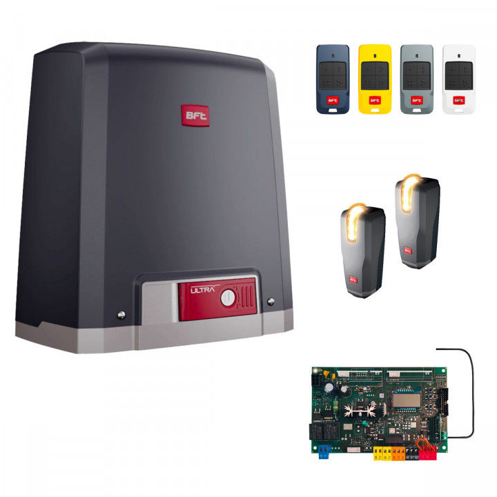 Kit complet DEIMOS BT B 600 24 V pour portails coulissants jusqu'à 600 kg. Composé de 1 moteur ,1 centrale MERAK B600,1 paire de cellule THEA, 4 télécommandes 4 touches MITTO COOL 4