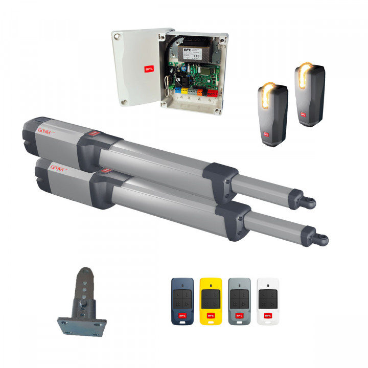 Kit PRO KUSTOS BT B40 24V-Pour portail battant maxi 500 kg et 4 m de longueur. Composé de 2 moteurs,1 centrale THALIA BT B 80, 2 kits de fixation SFR B ,1 paire de cellules THEA,4 émetteurs MITTO COOL