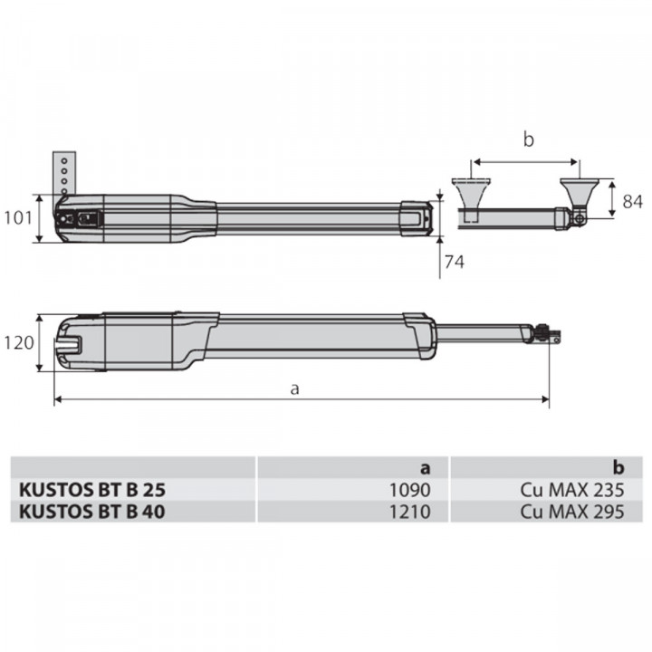Kit PRO KUSTOS BT B40 24V-Pour portail battant maxi 500 kg et 4 m de longueur. Composé de 2 moteurs,1 centrale THALIA BT B 80, 2 kits de fixation SFR B ,1 paire de cellules THEA,4 émetteurs MITTO COOL