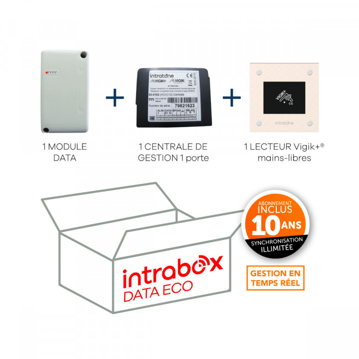 Intrabox Data Eco Lecteur de proximité Vigik+® mains-libres : 1 lecteur de proximité Vigik+® mains-libres+1 centrale Vigik® 1 porte+1 module Data synchronisation des données Data illimitées 10 ans