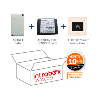 Intrabox Data Eco Lecteur de proximité Vigik+® mains-libres : 1 lecteur de proximité Vigik+®mains-libres+1 centrale Vigik® 2 portes/1000noms+1 module Data synchronisation des données illimitées 10 ans