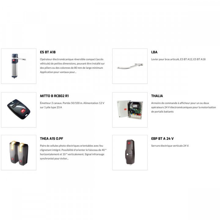 Kit PRO E5 SMART BT A18 BG FRA 24V pour portail battant maxi 100 kg et longueur 1,8m.Composé de 2 moteurs,2 bras glissières,1 centrale THALIA L,1 paire de cellules THEA,2 émetteurs MITTO 2,1 EBP24V